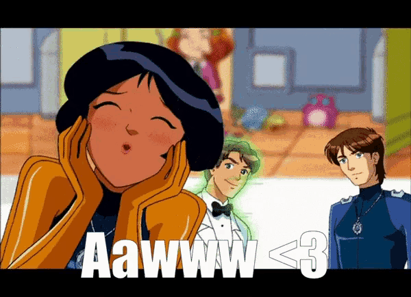 a cartoon of a woman with the words aawww < 3 below her