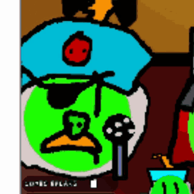 a cartoon of a man in a blue hat with a red circle on his head