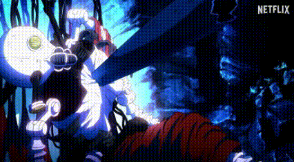 a group of people are standing next to each other in a dark room in a netflix animated series .