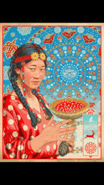 a painting of a woman in a red polka dot dress holding a bowl of red berries