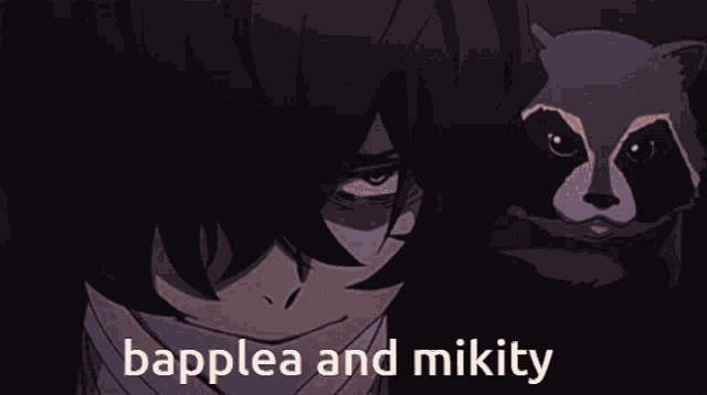 a cartoon character with the words bapplea and mikity on the bottom right