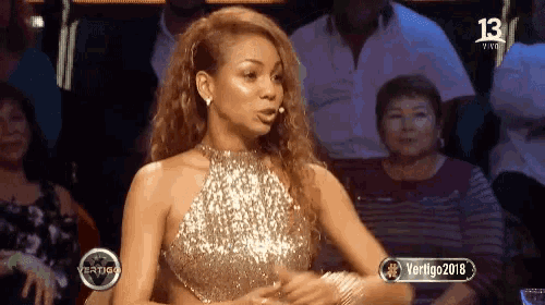 a woman in a sequined top is on a television show called vertigo 2018