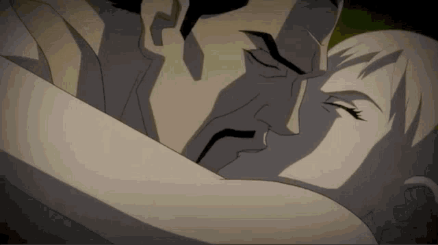 a man and woman are kissing in a cartoon scene