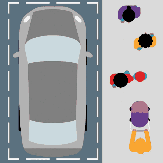an aerial view of a car parked next to a group of people
