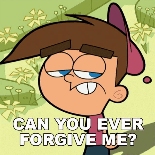 a cartoon character says " can you ever forgive me " in front of flowers
