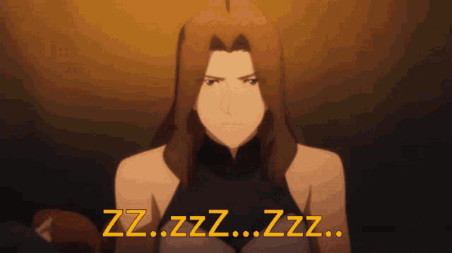 a woman in a black top with the words zzz zzz zzz