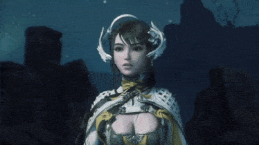 a woman in a video game is standing in front of a rocky cliff .