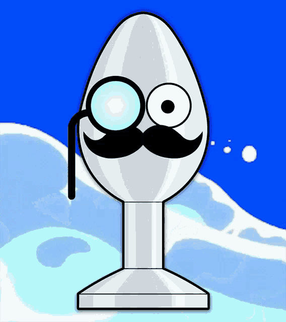 a cartoon drawing of a white egg with a mustache and glasses