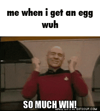 a man in a red sweater says me when i get an egg wuh so much win !