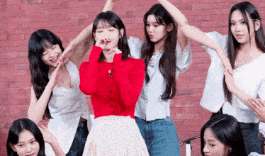 a group of young women are posing for a picture in front of a red brick wall