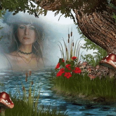 a painting of a woman in a pond with mushrooms and flowers