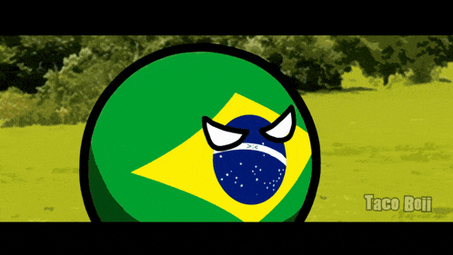 a cartoon of a green ball with a yellow and blue flag on it