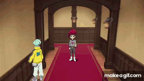 two anime characters are standing in a hallway with makeagif.com at the bottom of the screen