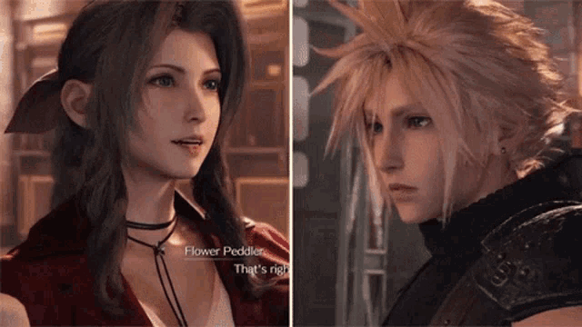 a video game character named flower peddler is talking to another character named cloud strife