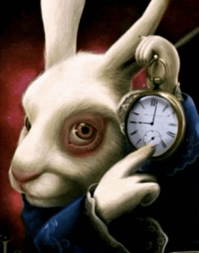 a white rabbit is holding a pocket watch and pointing at the time
