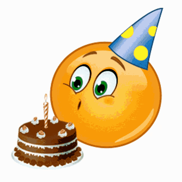 a smiley face wearing a party hat looks at a cake