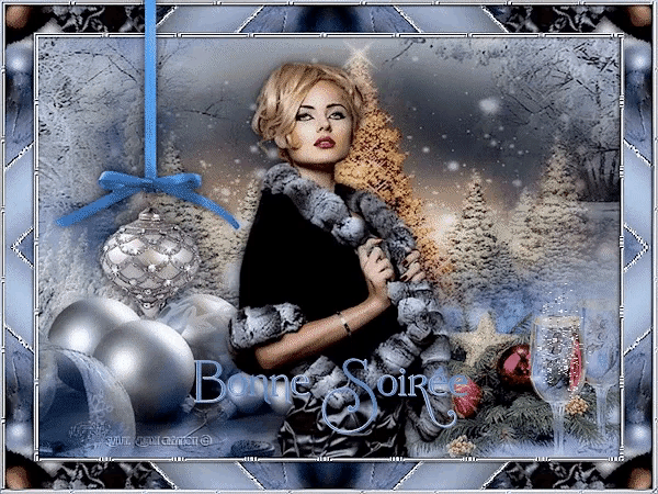 a woman in a fur coat is surrounded by christmas decorations and the words bonne soire