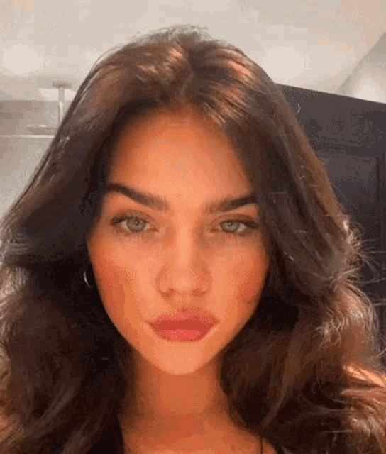 a woman with long brown hair and red lips is looking at the camera .