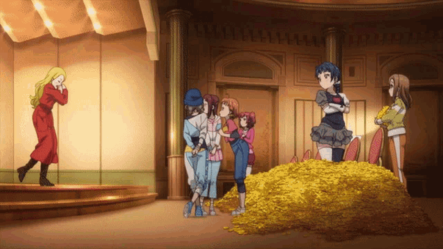 a group of anime girls are standing around a pile of gold coins