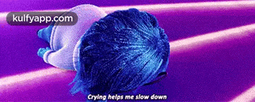 a cartoon character with blue hair is laying down and crying