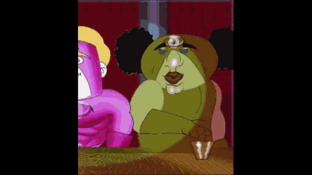 a cartoon character with one eye is sitting at a table with another character