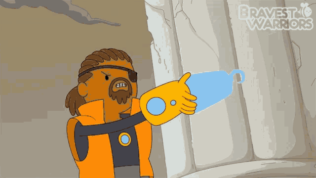 a cartoon character from bravest warriors is holding a blue bottle