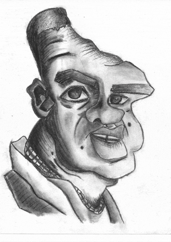 a black and white drawing of a man with a very large nose
