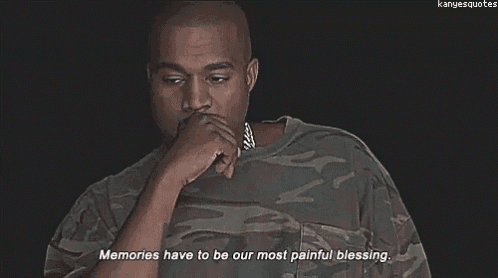a man in a camouflage shirt is holding his hand to his face and a quote from kanye west .
