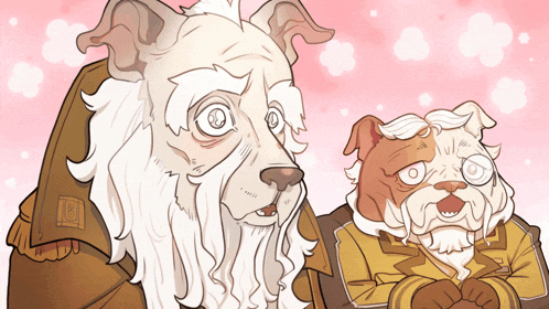 a cartoon drawing of a man and a dog with the letter b on their sleeve
