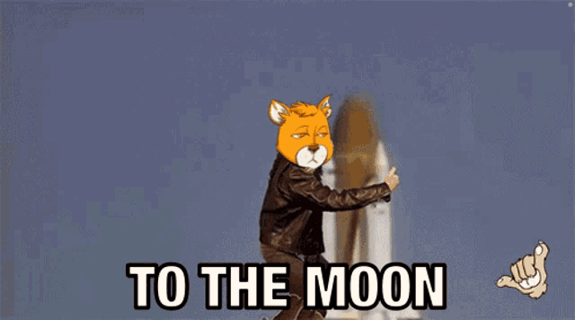 a man in a leather jacket and cowboy boots is jumping in front of a rocket with the words to the moon below him