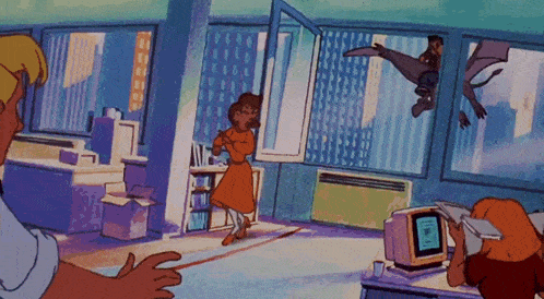 a cartoon of a man flying through the air while a woman looks at a computer monitor