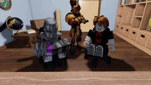 two roblox characters are standing next to each other in a room with a globe in the background