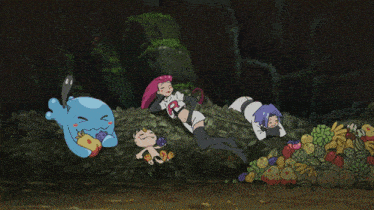 a cartoon character laying on the ground next to a pile of fruit