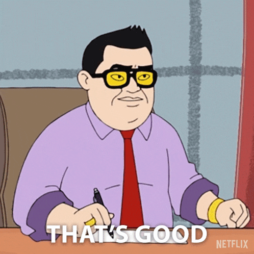 a cartoon of a man sitting at a desk with the words that 's good netflix below him