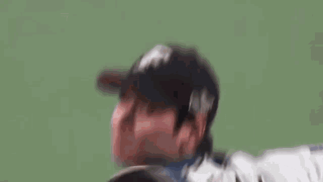 a close up of a baseball player throwing a ball on a green field .