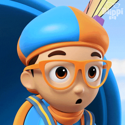 a close up of a cartoon character with glasses and a surprised expression