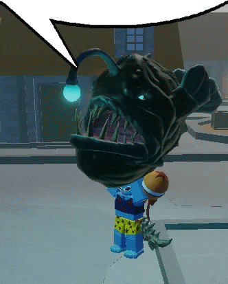 a cartoon character is standing next to a large fish with a light on it 's head