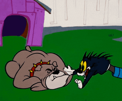 a cartoon dog with spikes on its collar is laying on the grass next to a cat