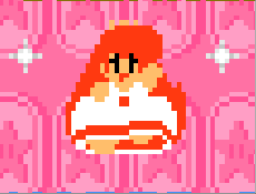 a pixel art of a girl with red hair and a white dress on a pink background