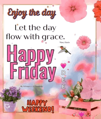 a happy friday greeting card with flowers and a hummingbird