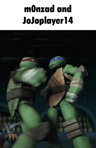 two teenage mutant ninja turtles are fighting each other and the caption says monzad and jojoplayer14