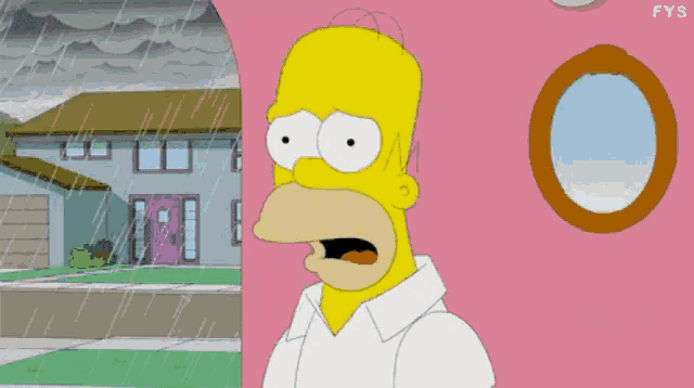 a cartoon of homer simpson standing in front of a pink house