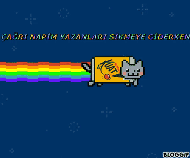 a cartoon drawing of a cat flying through the air with a rainbow coming out of it and the words bloggif below it