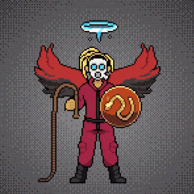 a pixel art drawing of a person with wings and a mask