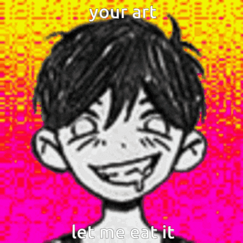 a black and white drawing of a boy with his mouth open and the words `` your art let me eat it '' .