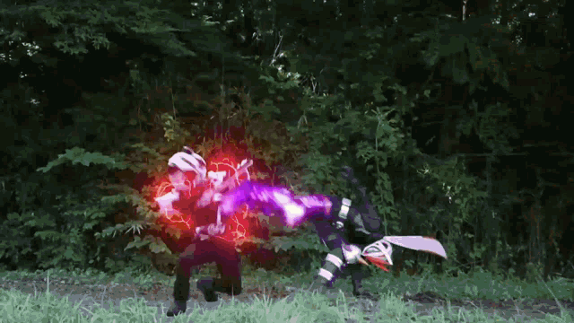 a man is fighting another man with a purple lightning bolt coming out of his hand .