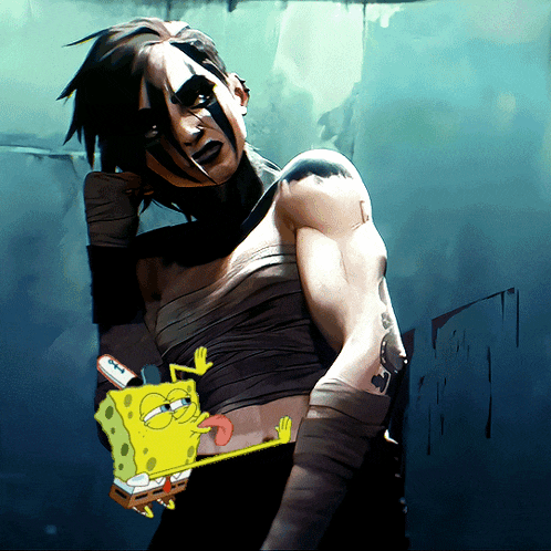 a cartoon drawing of a woman with a spongebob holding a toothbrush