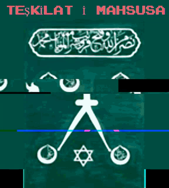 a green background with a white symbol and the words teskilat i mai on it
