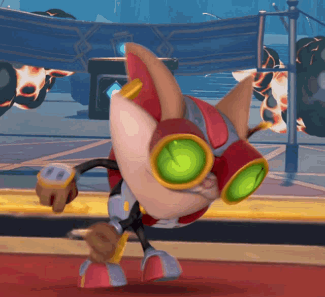 a cartoon character wearing a red helmet and green goggles
