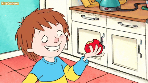 a cartoon of a boy holding an apple with a bite taken out of it and the words kisscartoon below him